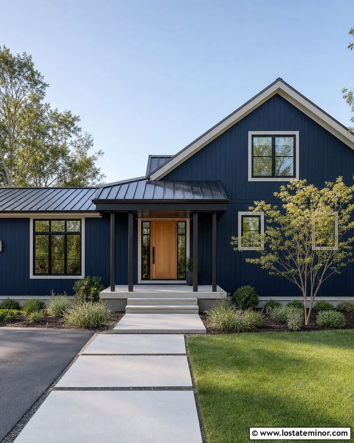 Midnight Blue House With Black Metal Portico - 30 Midnight Blue House Design With Portico Ideas