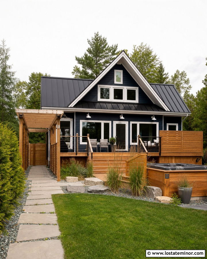 Midnight Blue House With Black Metal Roof And Hot Tub Deck - 30 Midnight Blue House Design With Backyard Ideas