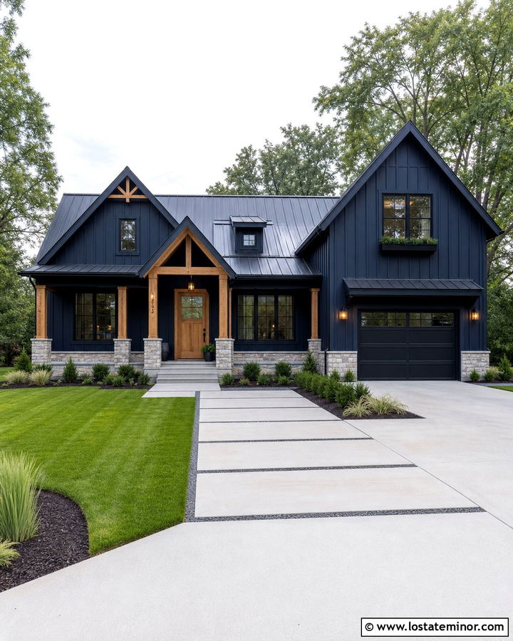 Midnight Blue House With Black Metal Roof And Stone - 30 Midnight Blue House Design With Stone Accents Ideas