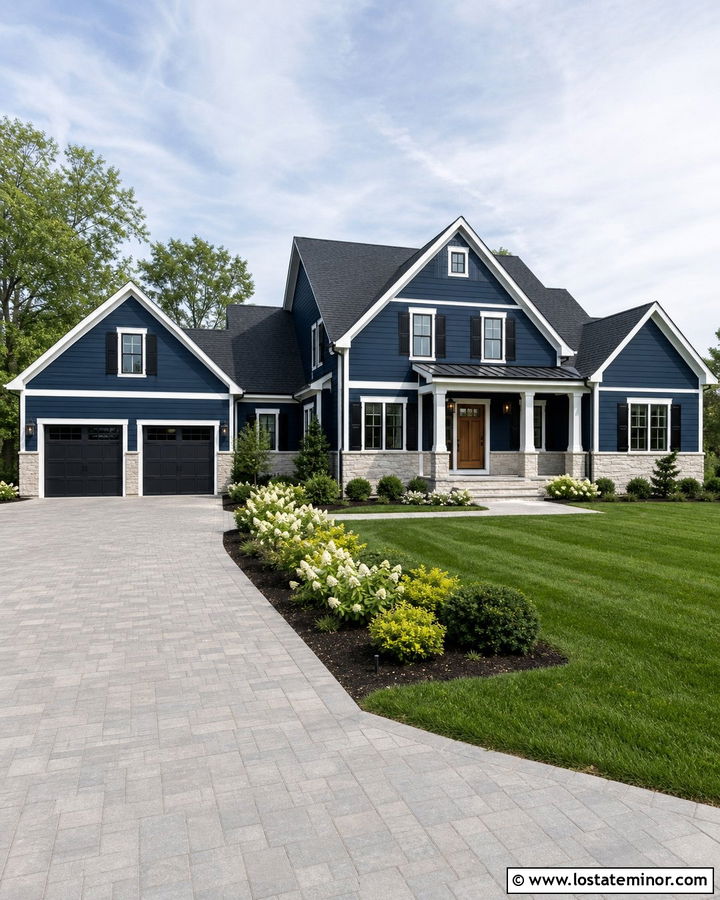 Midnight Blue House With Black Roof And Light Driveway - 30 Midnight Blue House Design With Driveway Ideas