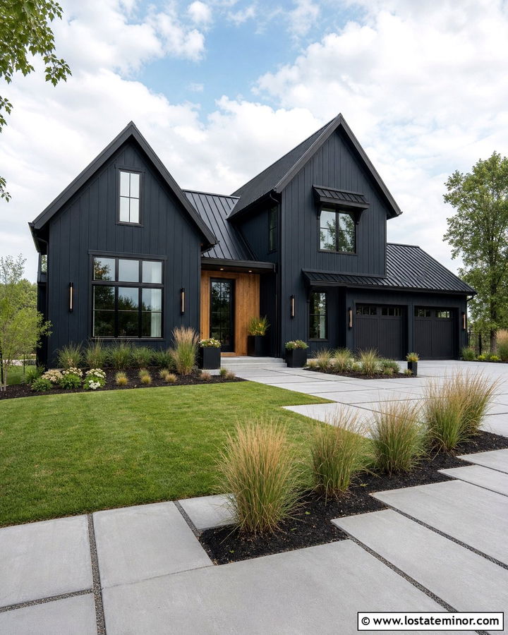 Midnight Blue House With Black Roof and Linear Lights - 30 Midnight Blue House Design With Light Fixtures Ideas