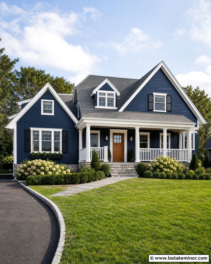 Midnight Blue House With Black Shutters And White Trim - 30 Midnight Blue House Design With Trim Ideas