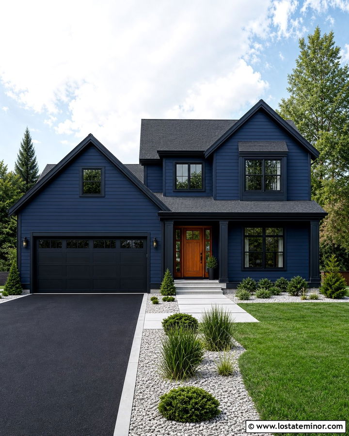 Midnight Blue House With Black Trim And Asphalt Driveway - 30 Midnight Blue House Design With Driveway Ideas
