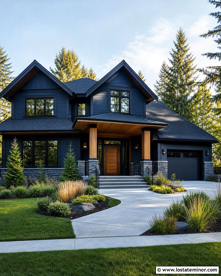 Midnight Blue House With Black Trim And Cedar Accents - 30 Midnight Blue House Design With Accents Ideas