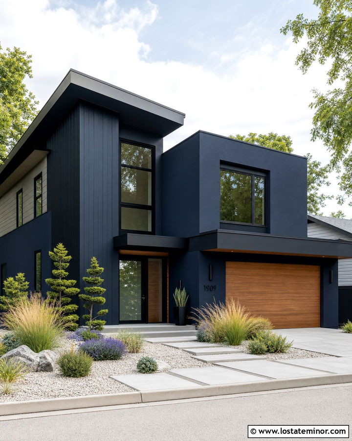 Midnight Blue House With Black Trim And Gravel Landscaping - 30 Midnight Blue House Design With Landscaping Ideas