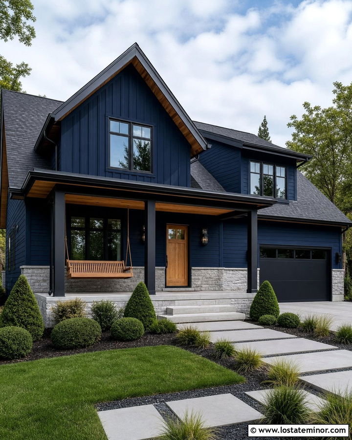 Midnight Blue House With Black Trim And Oak Swing - 30 Midnight Blue House Design With Swing Ideas