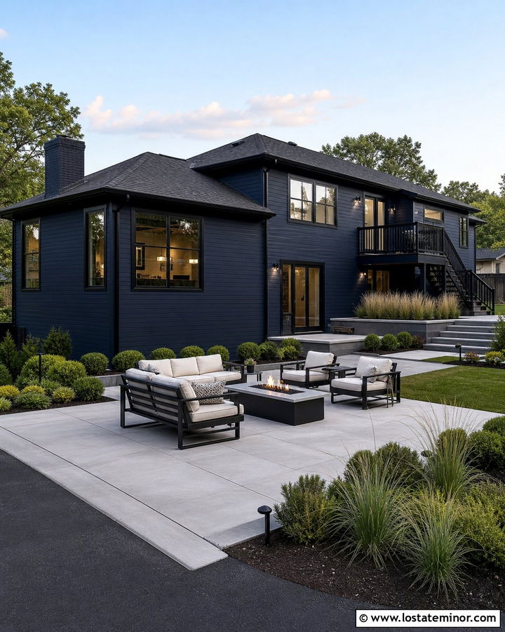 Midnight Blue House With Black Trim And Paver Patio - 30 Midnight Blue House Design With Backyard Ideas