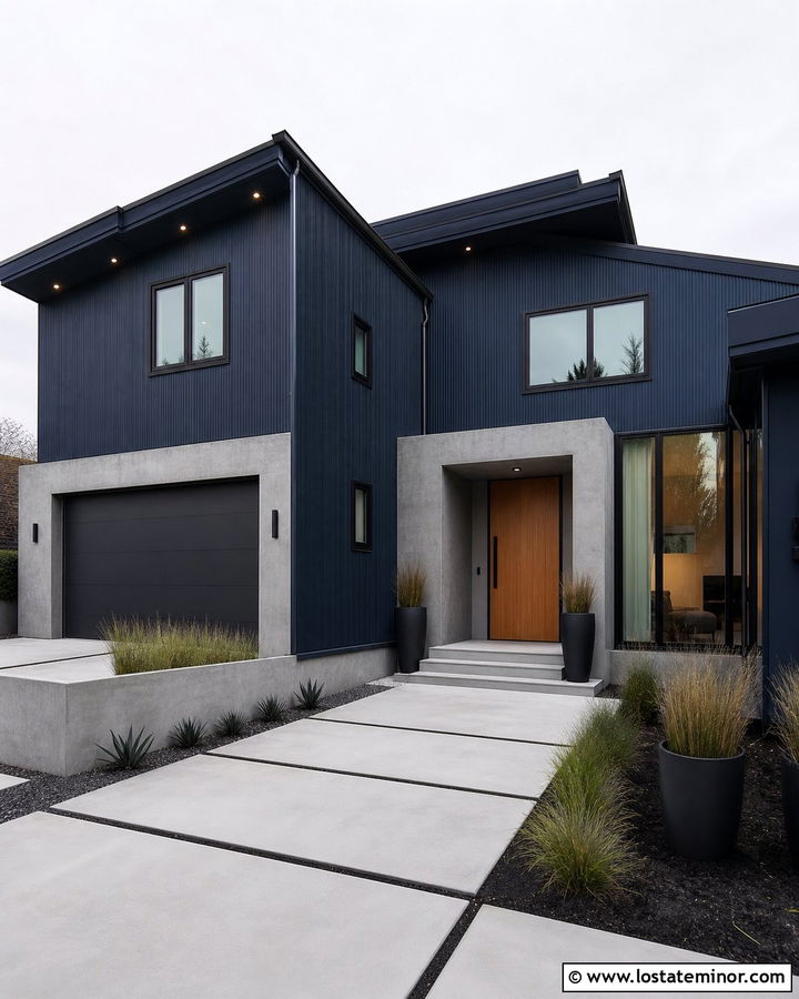 Midnight Blue House With Black Trim And Spotlights - 30 Midnight Blue House Design With Lighting Ideas