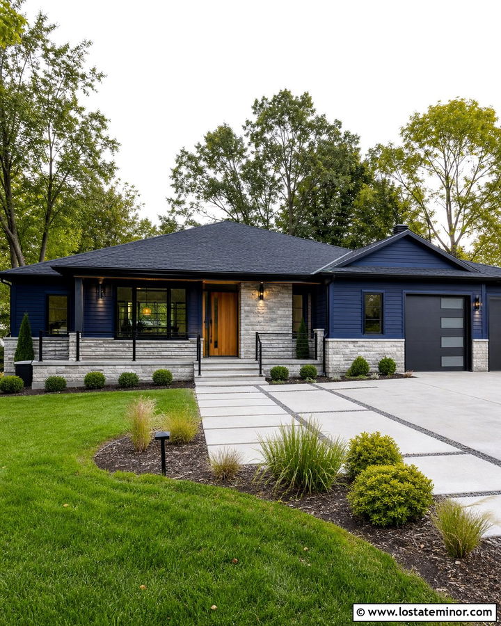 Midnight Blue House With Black Trim And Stone - 30 Midnight Blue House Design With Stone Accents Ideas