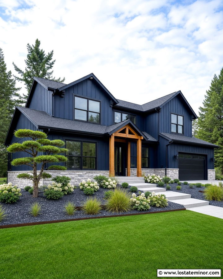 Midnight Blue House With Black Trim - 30 Midnight Blue House Design With Front Yard Ideas