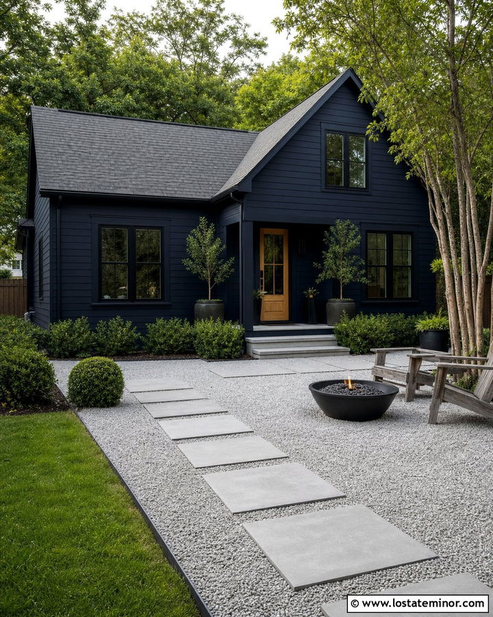 Midnight Blue House With Black Windows And Gravel Courtyard - 30 Midnight Blue House Design With Backyard Ideas