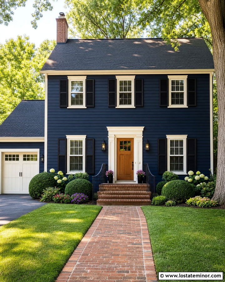 Midnight Blue House With Black Wrought Iron Railings - 30 Midnight Blue House Design With Railings Ideas