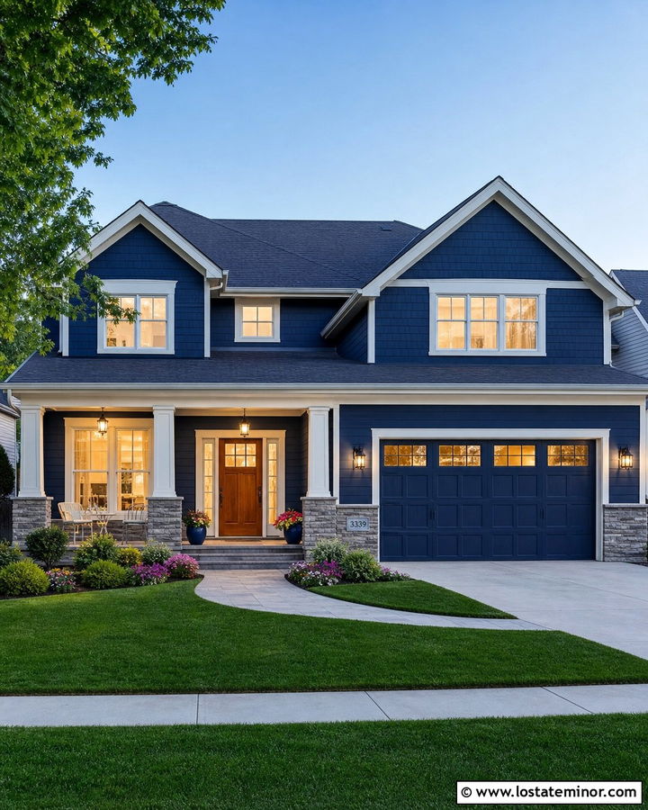 Midnight Blue House With Blue Garage And Wood Door - 30 Midnight Blue House Design With Garage Door Ideas