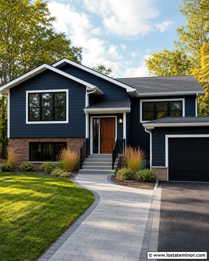 Midnight Blue House With Bordered Paver Walkway - 30 Midnight Blue House Design With Walkway Ideas