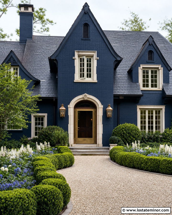 Midnight Blue House With Brass Tone Storm Door - 30 Midnight Blue House Design With Storm Door Ideas