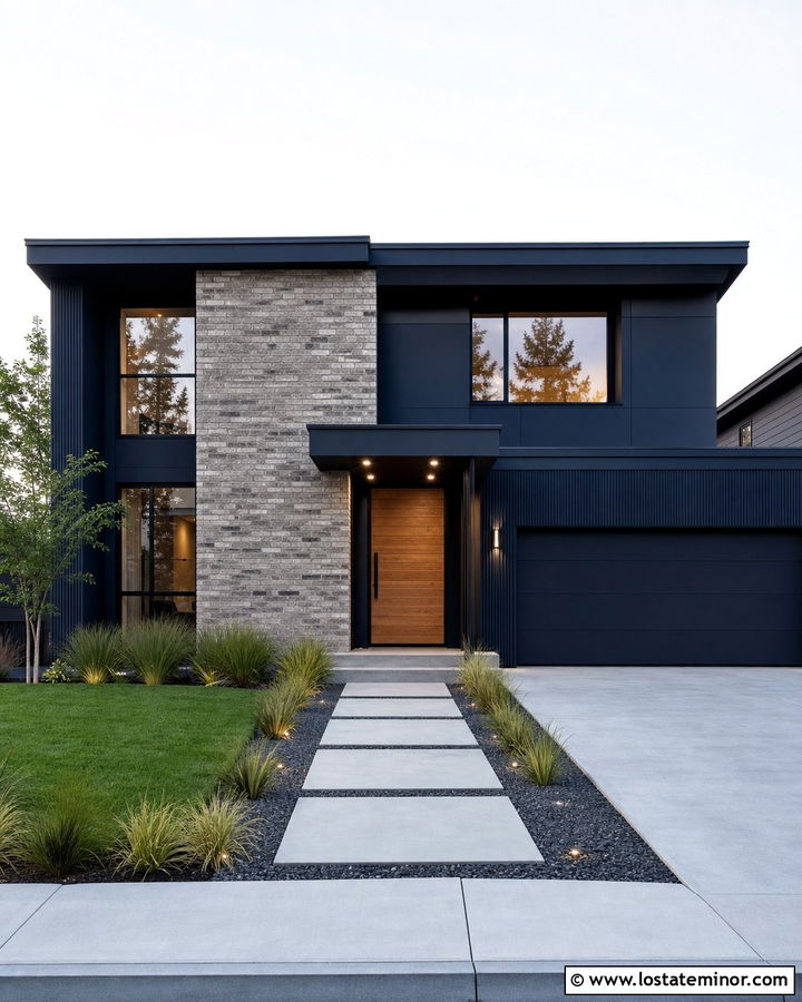 Midnight Blue House With Brick Accent Wall - 30 Midnight Blue House Design With Brick Accents Ideas