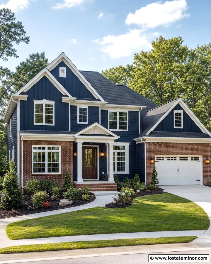 Midnight Blue House With Brick And Gable Siding - 30 Midnight Blue House Design With Gables Ideas