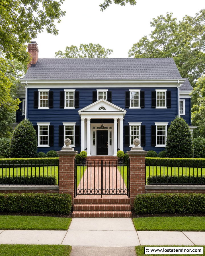 Midnight Blue House With Brick And Metal Fence - 30 Midnight Blue House Design With Fence Ideas
