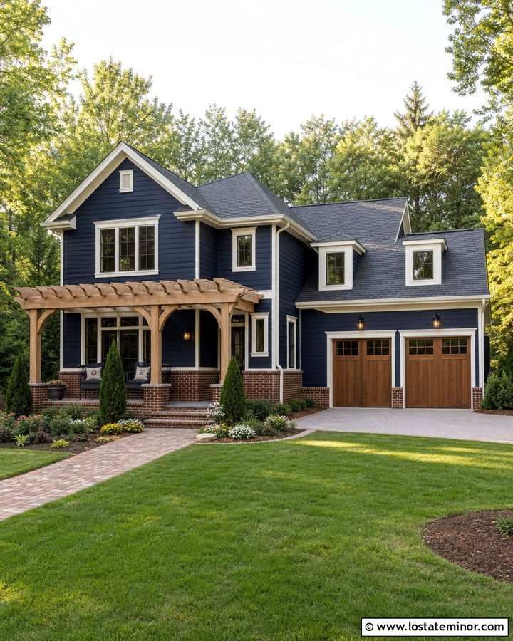 Midnight Blue House With Brick And Pergola - 30 Midnight Blue House Design With Pergola Ideas