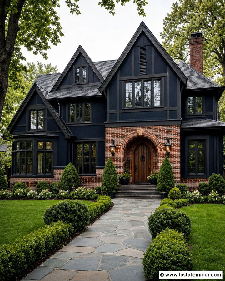 Midnight Blue House With Brick Entry Arch - 30 Midnight Blue House Design With Brick Accents Ideas