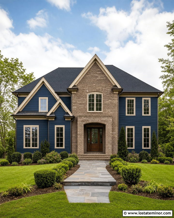 Midnight Blue House With Brick Gable - 30 Midnight Blue House Design With Brick Accents Ideas