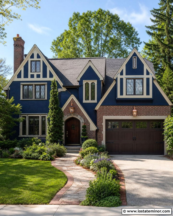 Midnight Blue House With Brick Garage Surround - 30 Midnight Blue House Design With Garage Door Ideas