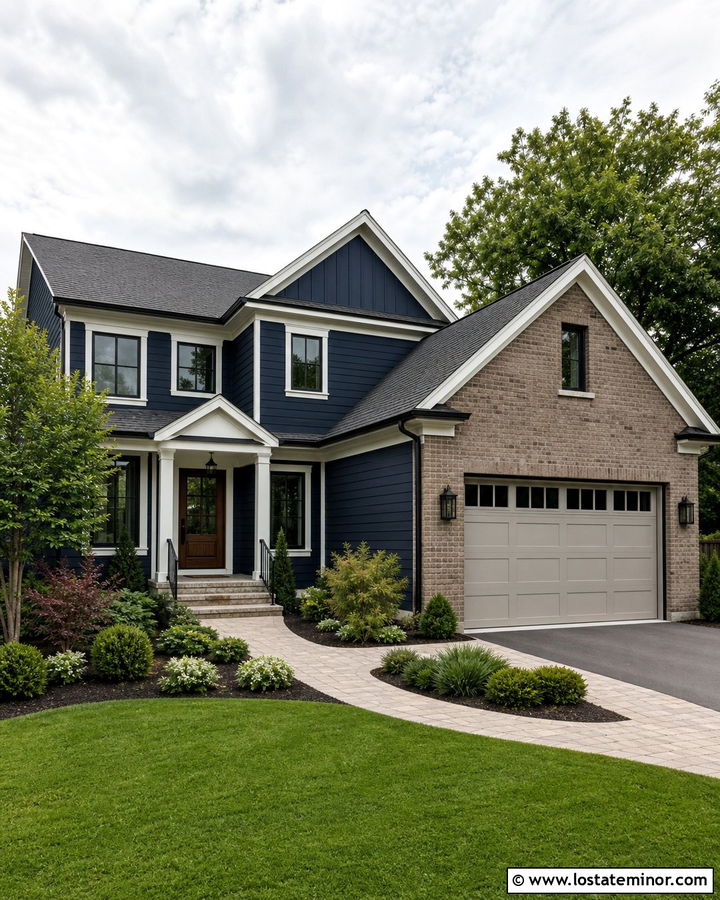 Midnight Blue House With Brick Garage - 30 Midnight Blue House Design With Brick Accents Ideas