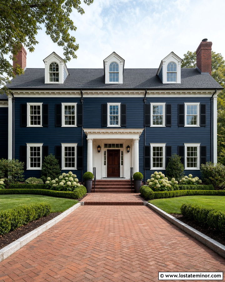 Midnight Blue House With Brick Paver Driveway - 30 Midnight Blue House Design With Driveway Ideas
