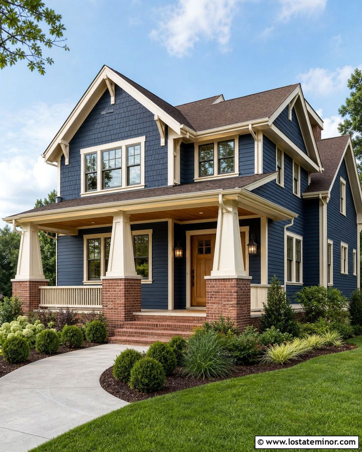 Midnight Blue House With Brick Porch Columns - 30 Midnight Blue House Design With Brick Accents Ideas