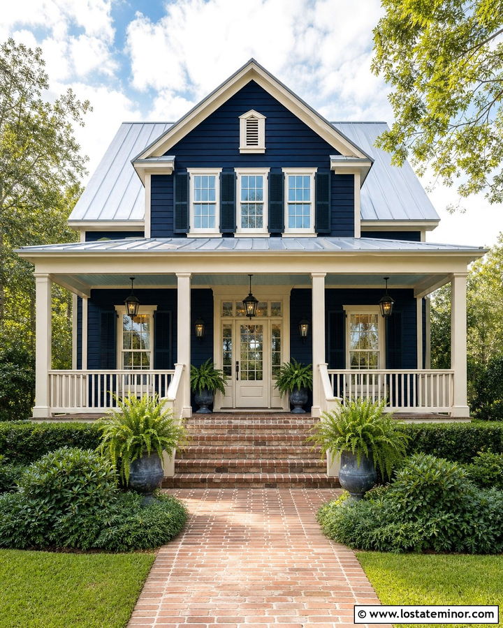 Midnight Blue House With Brick Porch Floor - 30 Midnight Blue House Design With Brick Accents Ideas