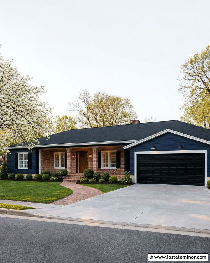 Midnight Blue House With Brick Porch and Black Lights - 30 Midnight Blue House Design With Light Fixtures Ideas
