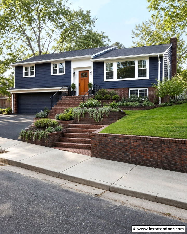 Midnight Blue House With Brick Retaining Wall - 30 Midnight Blue House Design With Brick Accents Ideas