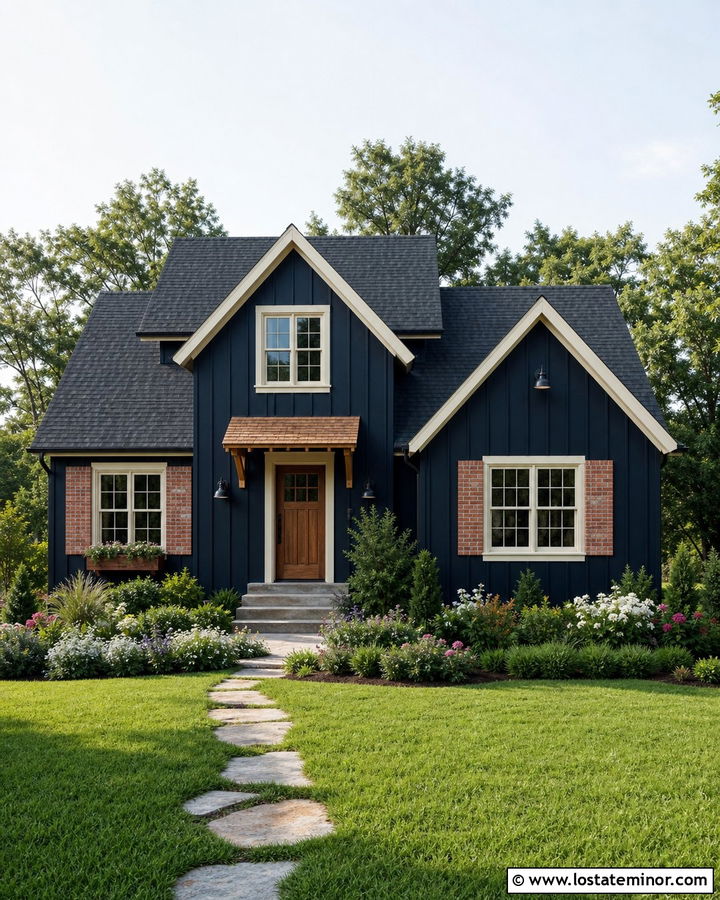 Midnight Blue House With Brick Shutters - 30 Midnight Blue House Design With Brick Accents Ideas