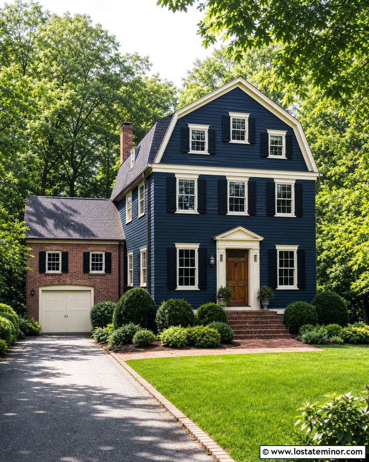 Midnight Blue House With Brick Side Wing - 30 Midnight Blue House Design With Brick Accents Ideas
