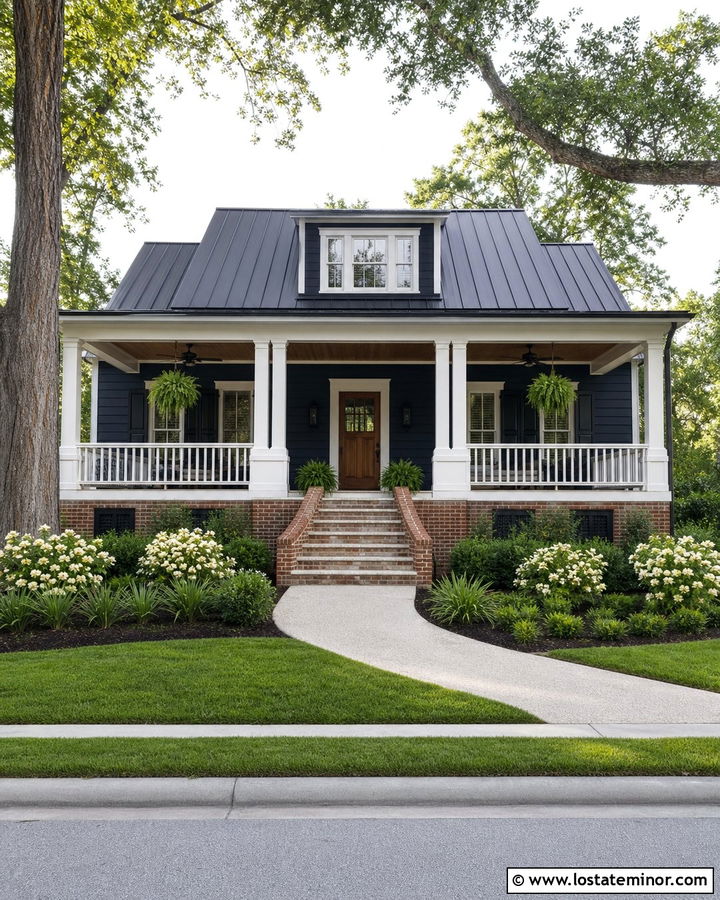 Midnight Blue House With Brick Skirting - 30 Midnight Blue House Design With Brick Accents Ideas