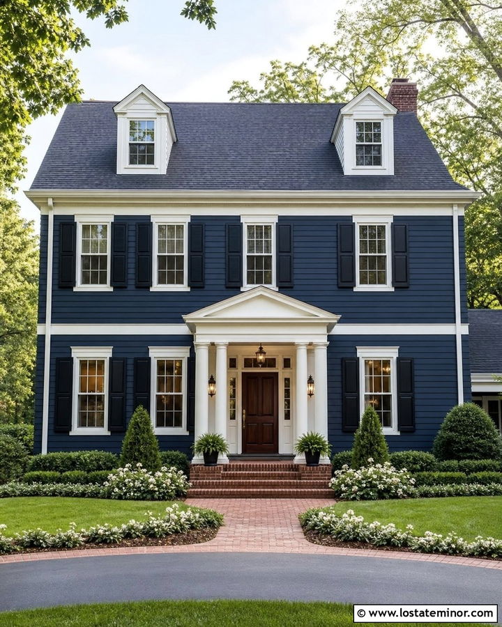 Midnight Blue House With Brick Steps And Portico - 30 Midnight Blue House Design With Portico Ideas