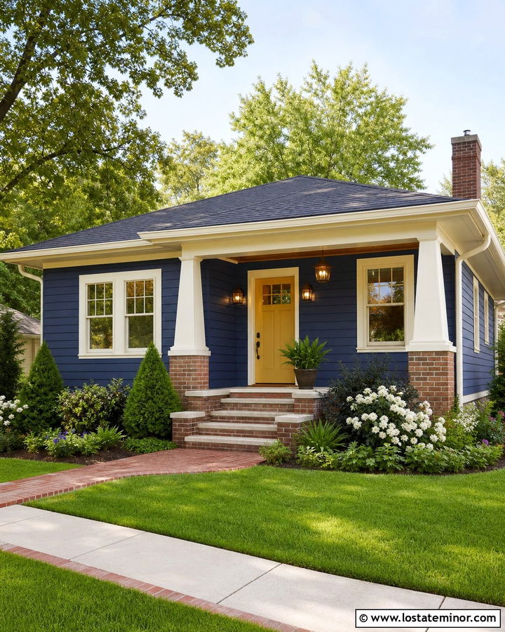 Midnight Blue House With Brick Steps - 30 Midnight Blue House Design With Brick Accents Ideas