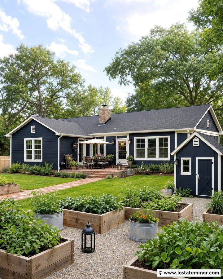 Midnight Blue House With Brick Walk And Raised Beds - 30 Midnight Blue House Design With Backyard Ideas
