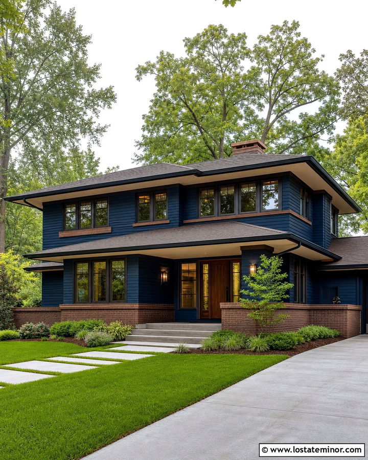 Midnight Blue House With Brick Window Sills - 30 Midnight Blue House Design With Brick Accents Ideas