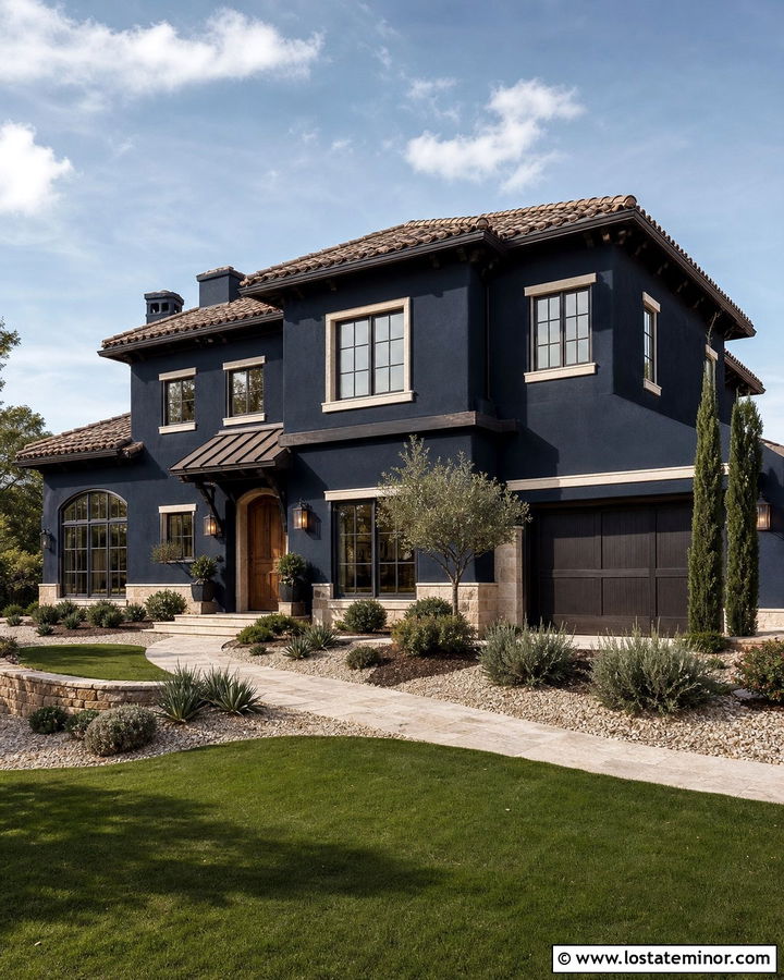 Midnight Blue House With Bronze Metal Awning - 30 Midnight Blue House Design With Awning Ideas