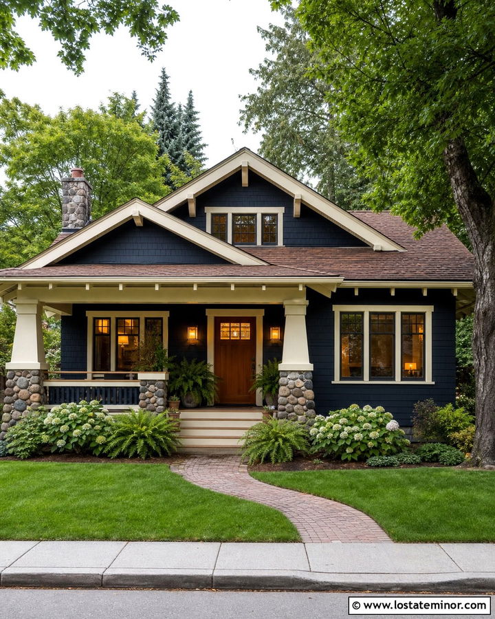 Midnight Blue House With Bronze Mission Lights - 30 Midnight Blue House Design With Light Fixtures Ideas