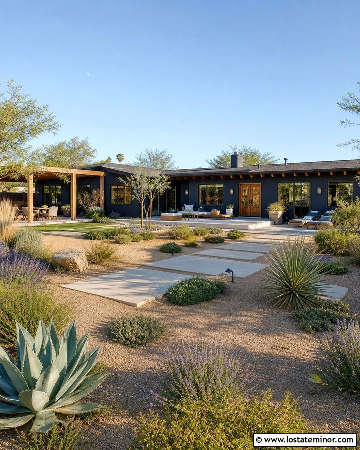 Midnight Blue House With Bronze Trim And Xeriscape Yard - 30 Midnight Blue House Design With Backyard Ideas