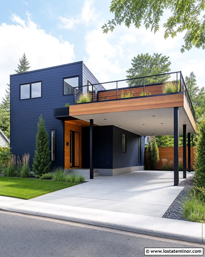 Midnight Blue House With Carport Rooftop Deck - 30 Midnight Blue House Design With Carport Ideas