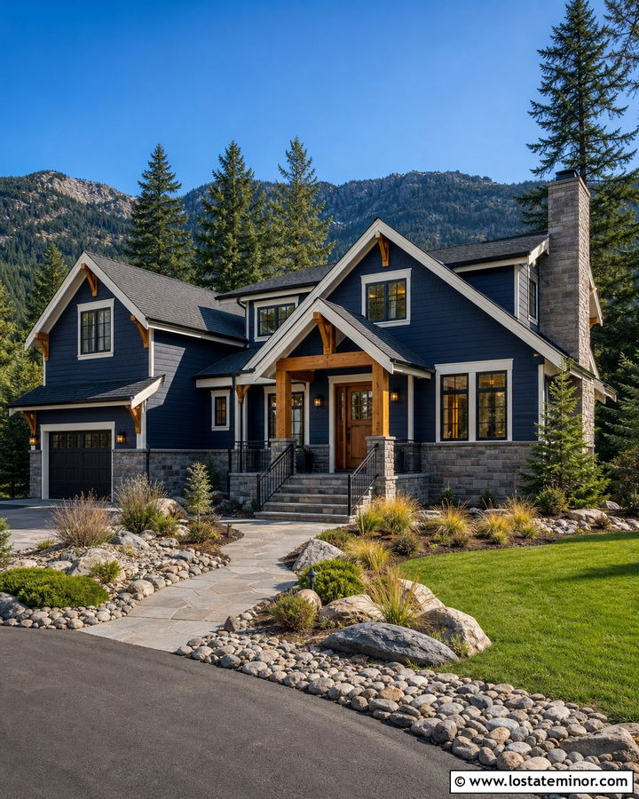 Midnight Blue House With Cedar And Stone - 30 Midnight Blue House Design With Stone Accents Ideas