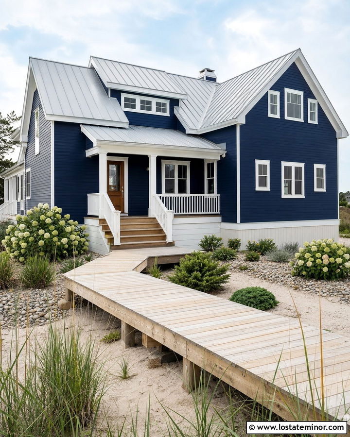 Midnight Blue House With Cedar Boardwalk - 30 Midnight Blue House Design With Walkway Ideas