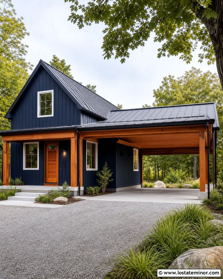 Midnight Blue House With Cedar Carport - 30 Midnight Blue House Design With Carport Ideas
