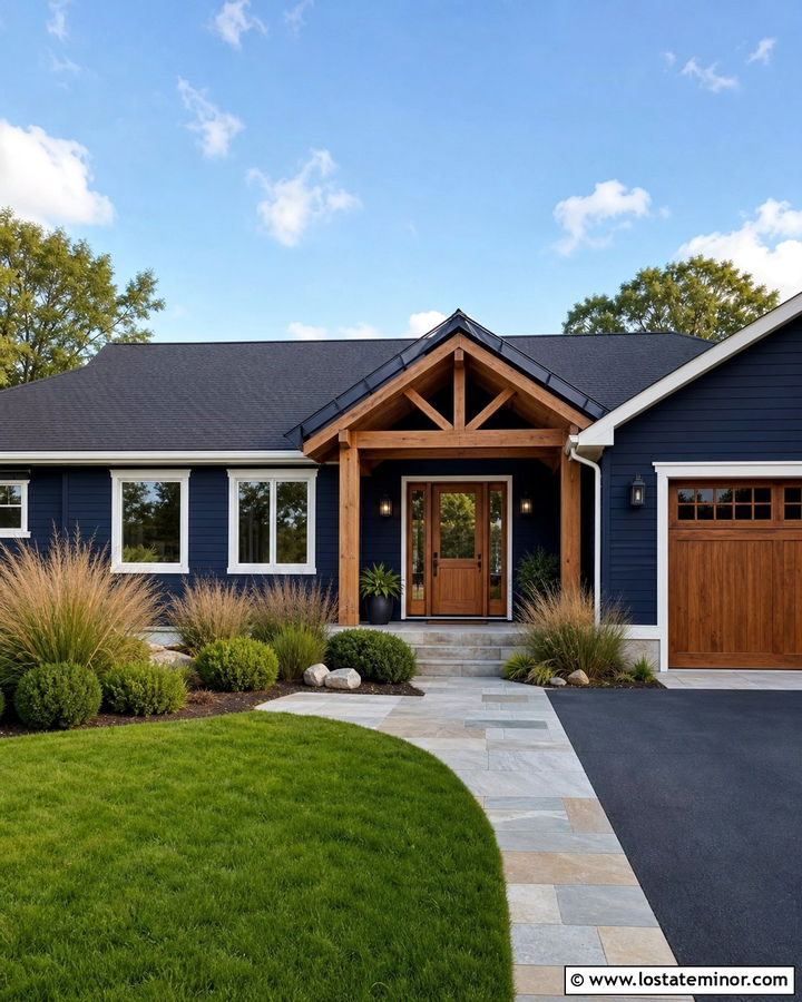 Midnight Blue House With Cedar Entry Awning - 30 Midnight Blue House Design With Awning Ideas