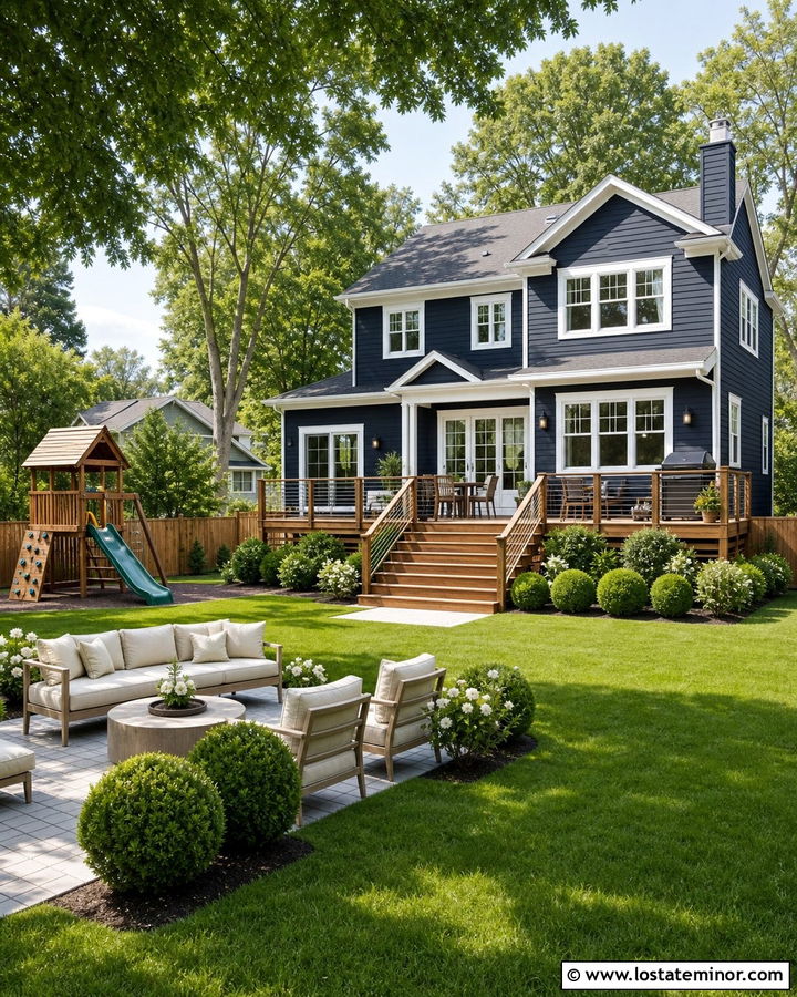 Midnight Blue House With Cedar Fence And Play Lawn - 30 Midnight Blue House Design With Backyard Ideas