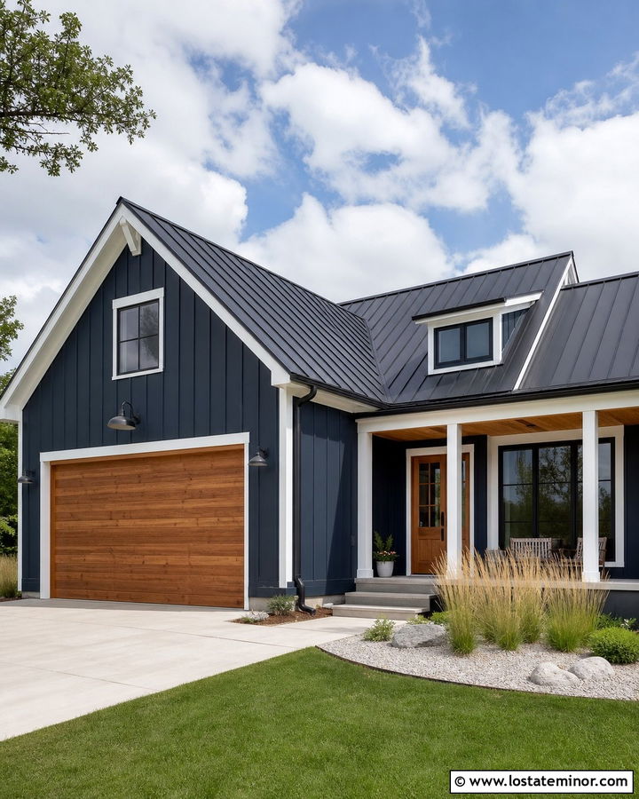 Midnight Blue House With Cedar Garage Door - 30 Midnight Blue House Design With Garage Door Ideas