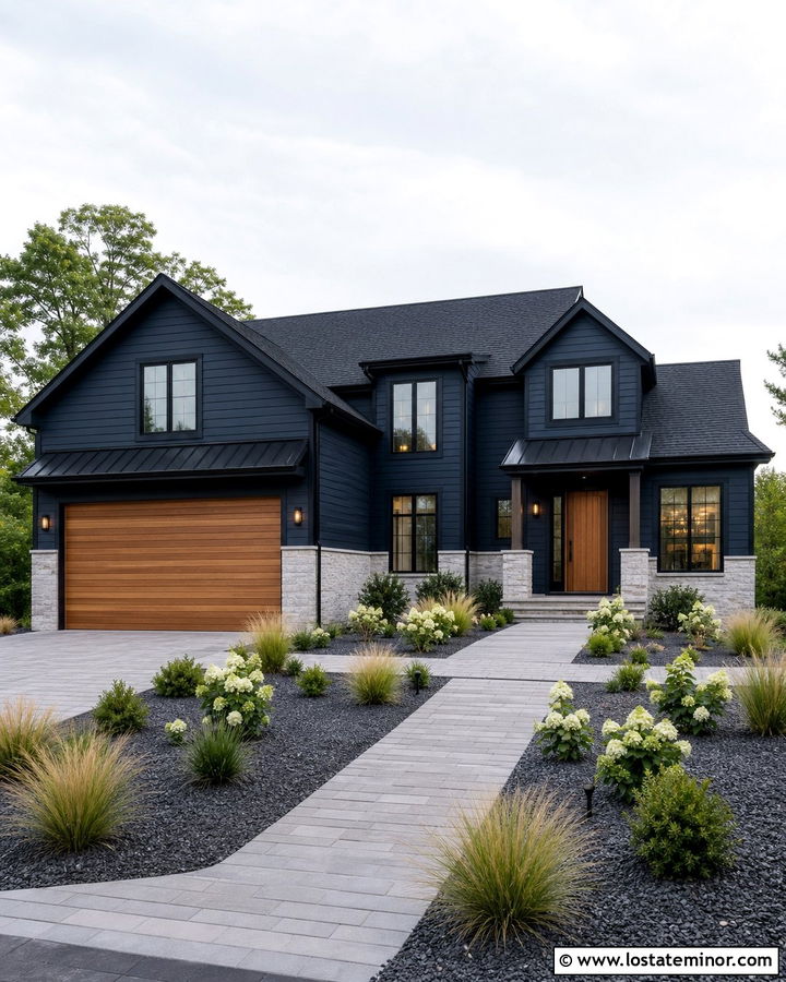 Midnight Blue House With Cedar Garage Door - 30 Midnight Blue House Design With Front Yard Ideas